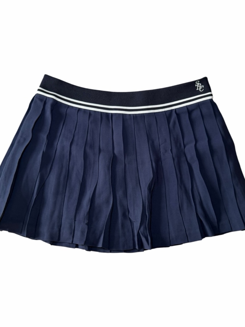Sporty & Rich Abigail Pleated Mini Skirt Navy with Stripe Waistband - NWT